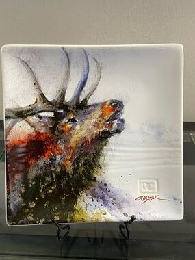 Abstract Elk Ceramic Art Plate in Blue, Brown, Orange and Cream